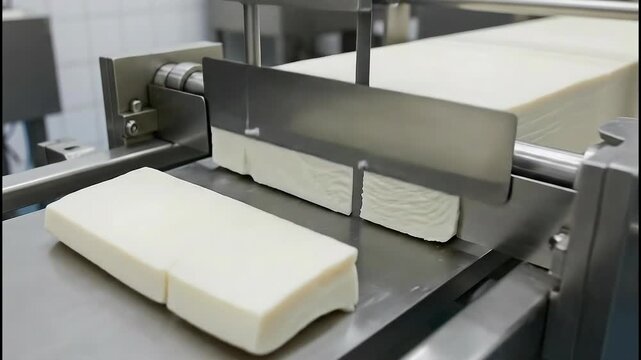 Cutting wire used to slice surimi into clean blocks in food processing facility with precision and care