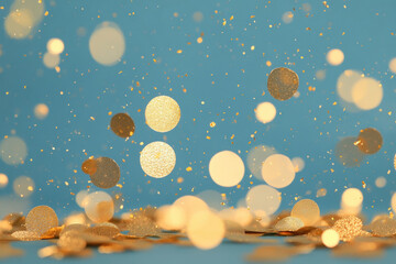 Golden confetti falling against a teal background for celebrations and events. festive image features gold confetti in various shapes and sizes, perfect for adding a touch of glamour.