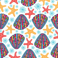 multicolor cockles, red and yellow starfishes with line art blue flowers seamless pattern. Colorful seashells with starfishes and flowers on white background seamless pattern. Good for fabric, textile