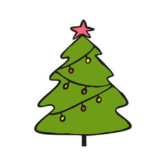 Simple cute Christmas tree illustration decorated with colorful lights and a red star on top. Perfect for holiday cards, invitations, stickers, gift tags, and festive design projects.