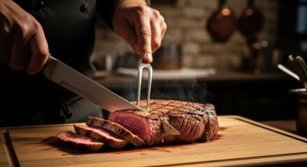 A chef slicing a juicy steak on a wooden cutting board in a professional kitchen.