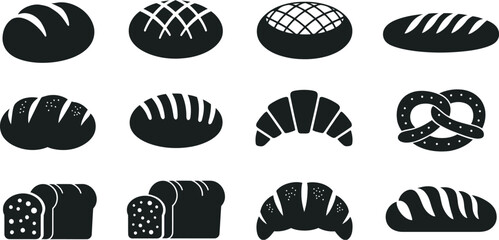A diverse collection of black silhouette icons showcasing various fresh baked goods and bread types