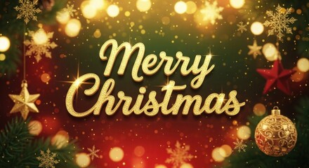 A festive Christmas background with gold and red colors, stars, and snowflakes.
