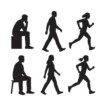 Sitting, walking, running people vector silhouette
