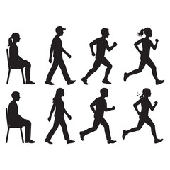 Sitting, walking, running people vector silhouette
