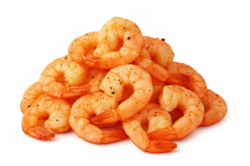 Pile of cooked shrimp seasoned with black pepper, fresh seafood appetizer or healthy meal on transparent background