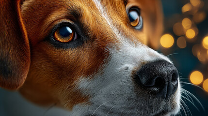 Close-up of beagle dog with expressive eyes and soft lighting  