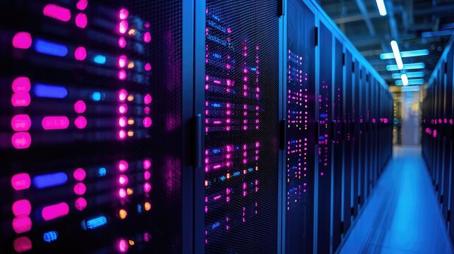 IT data center aisle with glowing neon server racks and illuminated hardware, ideal for cloud infrastructure visuals, AI technology concepts, cybersecurity designs, and enterprise tech presentations