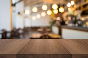 Warm wooden table surface with rich grain pattern, set against a softly blurred restaurant interior. Bokeh lighting creates an inviting, ambient atmosphere.