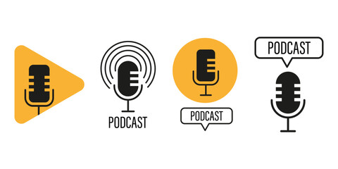 Podcast microphone icon. Audio broadcast symbol. Yellow triangle frame. Vector media illustration.