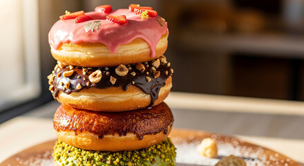 Indulge your senses with a stack of delicious gourmet donuts, each offering a unique flavor explosion, perfect for sweet treats and delightful moments