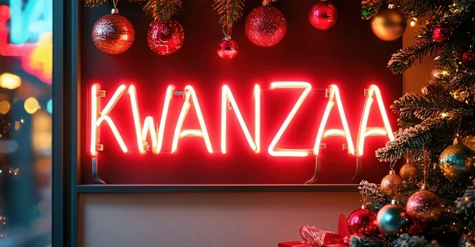 Bright Kwanzaa neon sign glows amidst festive decorations. Christmas tree visible, warm lighting creates holiday spirit.