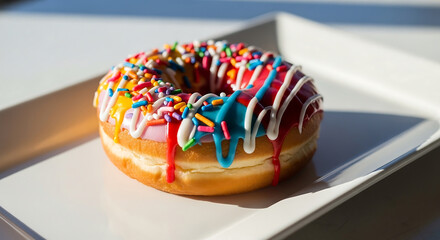 Indulge in deliciousness with this vibrant, colorful donut topped with sprinkles and icing, perfect for satisfying your sweet cravings and adding fun to your day