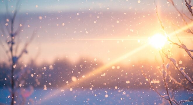 Sunlit winter scene with falling snow bare tree branches and a bright golden sun - Powered by Adobe