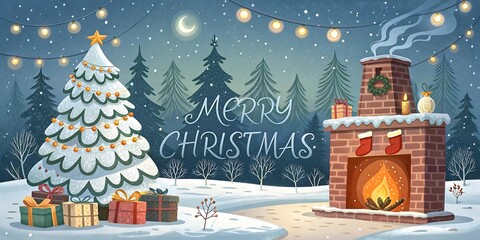 Enchanting winter wonderland scene with a decorated christmas tree glowing fireplace and festive gifts under a starry moonlit sky
