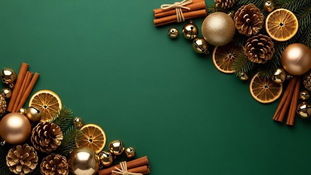 Christmas ornaments and spices arranged on green background creating a festive frame