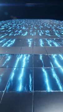 Smooth scrolling animation of a metallic gray grid shimmering and pulsing with subtle internal light creating an illusion of infinite digital data communication, modern, background