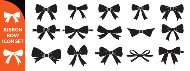 Naklejka premium Ribbon bow icon set, vector coquettish cute knot, romantic love doodle vintage accessory collection. Holiday gift decoration silhouette, birthday elegant design element. Feminine Valentine ribbon set 