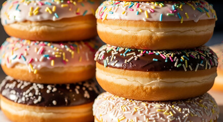Delicious stacked donuts with colorful sprinkles, perfect for advertising bakery treats or sweet indulgence, ideal for food blog or dessert promotions