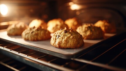 Cookies bake in the oven with warm glow illuminating rising dough to create a tasty treat in the kitchen