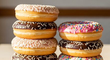 Delicious donuts stacked high, ready for a sweet treat concept, perfect for bakery ads or delightful dessert cravings, indulgence and tasty temptations