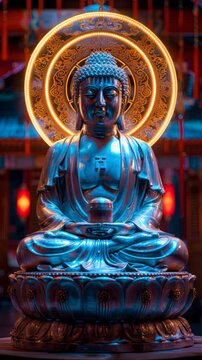 Serenity shines through a glowing buddha statue in a temple