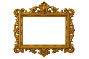 Golden ornate baroque picture frame isolated on transparent background, vintage empty wood border