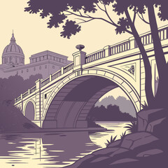 Elegant stone arch bridge spanning a calm river with a dome building and trees in the background © kkk