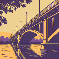 Artistic illustration of a grand arched bridge with street lamps reflected in the calm water below
