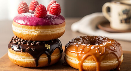 Indulge in decadent donuts stacked high caramel, chocolate, and raspberry flavors for breakfast, a sweet treat, or irresistible dessert temptation