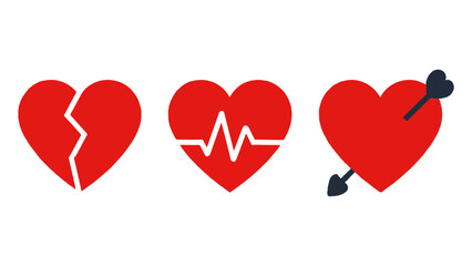 Red Heart Icon Set  Broken, Pulse, Cupid Arrow Symbols