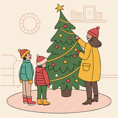A mother and two children happily decorate a christmas tree together in a cozy room during the holiday season