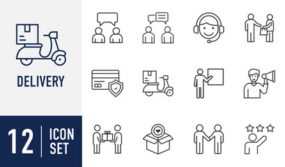 Delivery and Customer service line icons set. featuring e-commerce, communication, secure payment, and feedback symbols. Vector