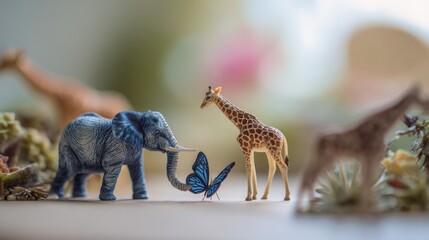 Fototapeta premium Enchanting Safari Miniature Encounter: Elephant, Giraffe and Butterfly Meeting