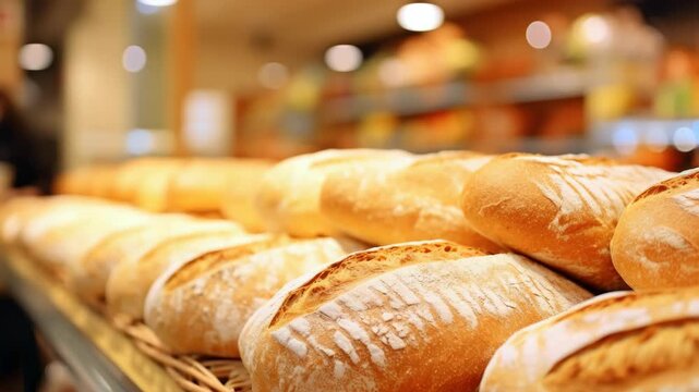 Freshly baked bread displayed in a bakery, with golden brown crust and soft texture.
