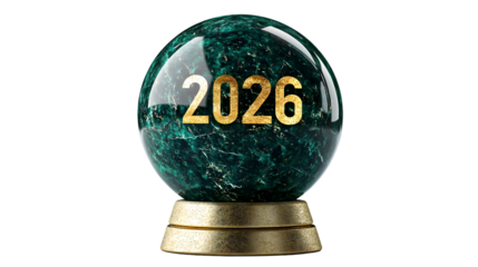 A crystal ball with the year 2026 in gold lettering on a gold base against a black background