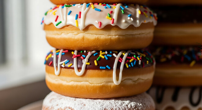 Delicious stack of freshly baked donuts adorned with colorful sprinkles and sweet icing creates an irresistible treat for any occasion
