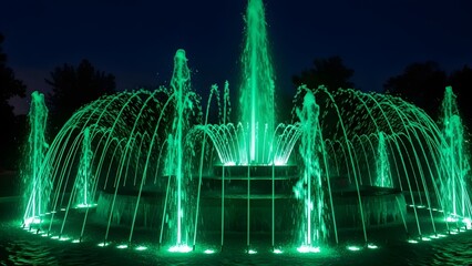 Illuminated fountain with green lights at night in a park