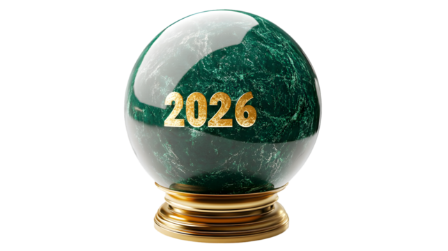 A green and white marble fortune teller ball with the year 2026 on a golden stand on black