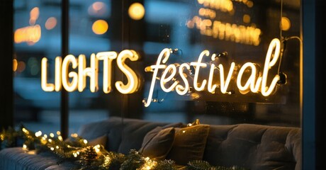 Bright neon sign displays Lights festival. Cozy interior visible through window. Warm lighting creates inviting atmosphere.