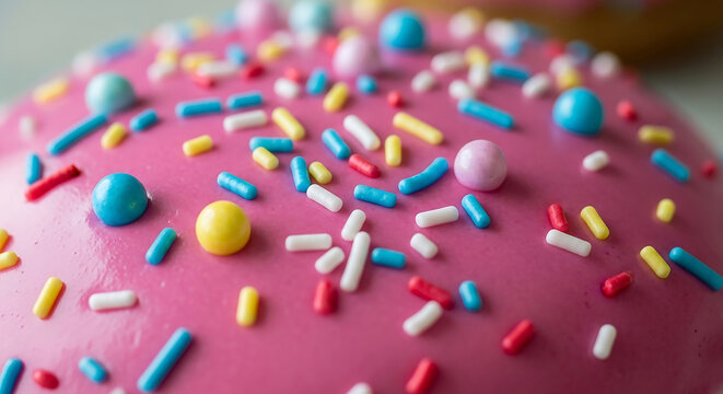 Indulge in the sweet delight of a vibrant pink donut, adorned with colorful sprinkles that promise a burst of sugary goodness, perfect for dessert cravings