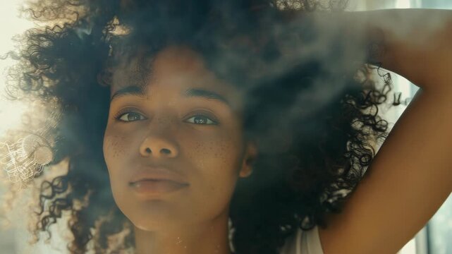 A woman with long curly hair and a captivating gaze peering through the fog.