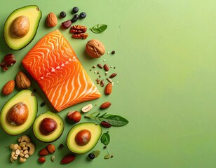 Healthy food arrangement on light green surface