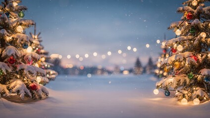 Christmas background. Snowy landscape adorned with Christmas trees and glowing lights, creating a magical winter atmosphere.
