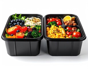 Two black meal prep containers, fresh, colorful food
