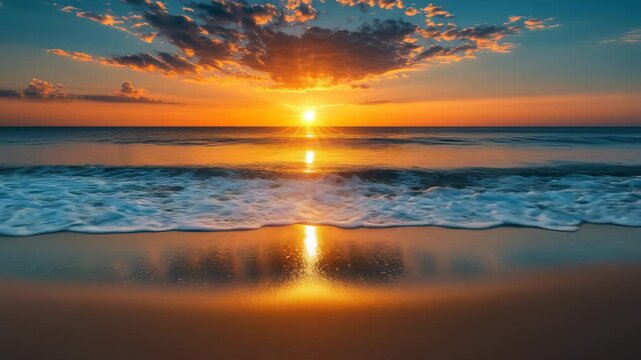 Vibrant orange sunset casting dramatic sun rays over dark ocean wave breaking onto a wet sandy beach at dusk 4k video