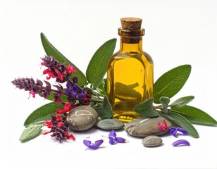 Oil bottle, sage, pebbles, flowers. Still life composition