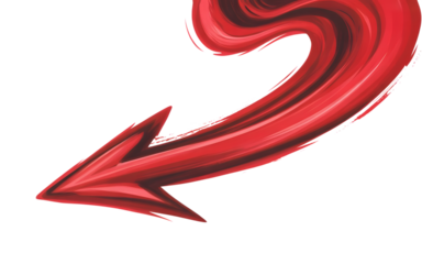 Red abstract arrow pointing down and left isolated on transparent background