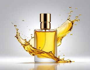 Gold fluid splash around perfume bottle