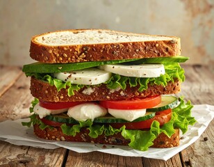 Tall sandwich with bread, greens, tomatoes, and mozzarella